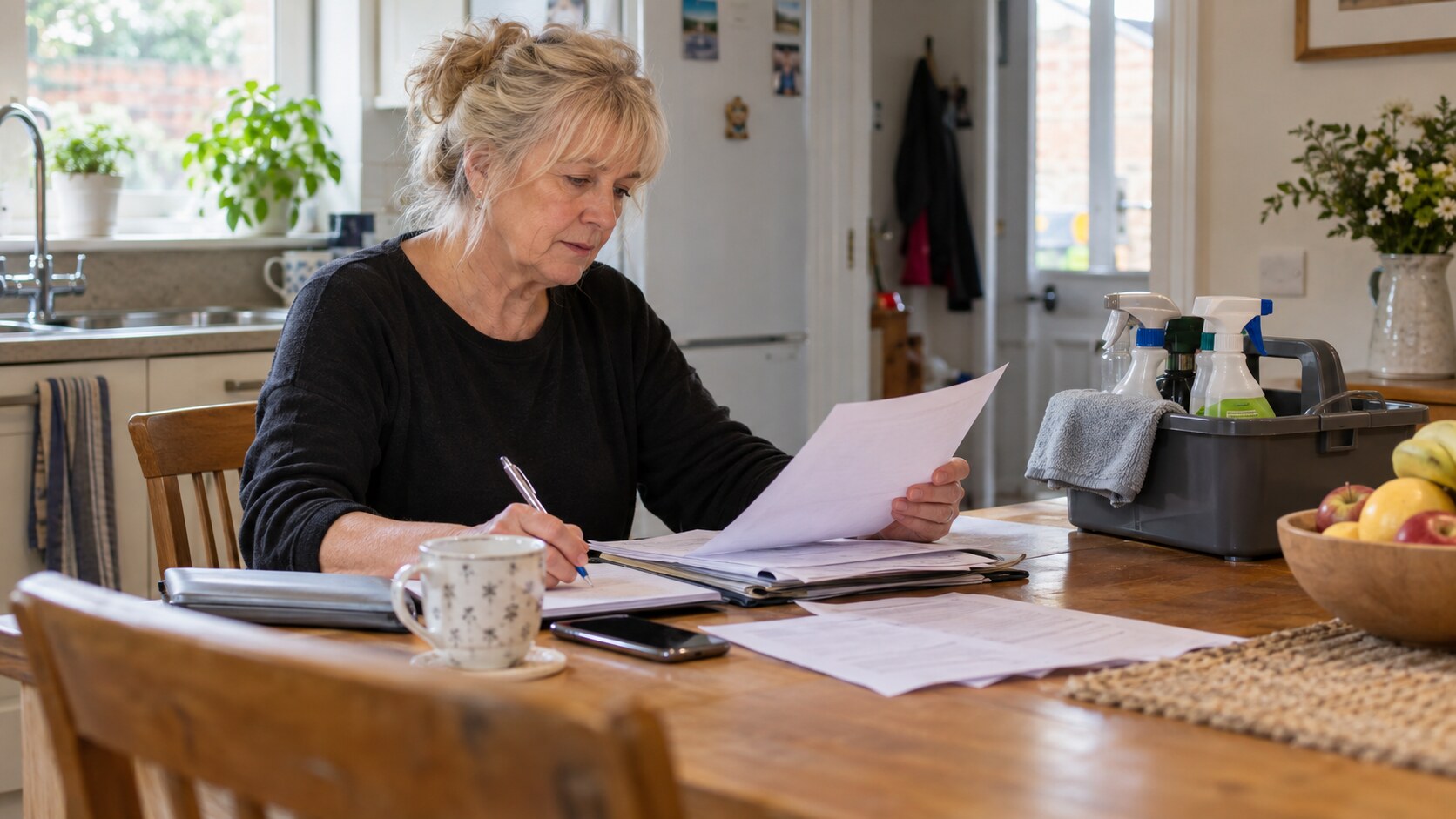 A self-employed cleaner reviewing business paperwork at her kitchen table