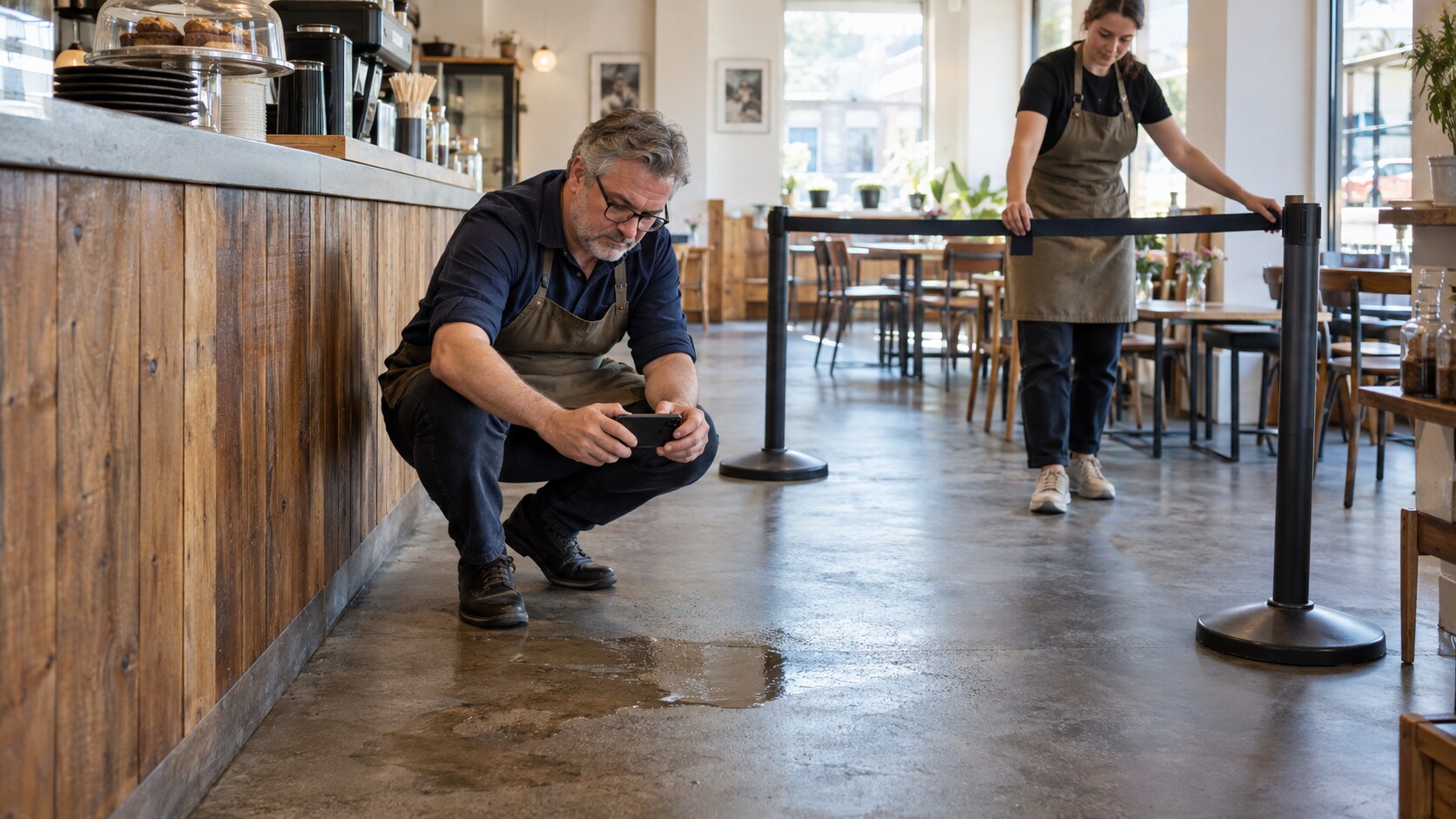 A café owner photographing a small area of water damage