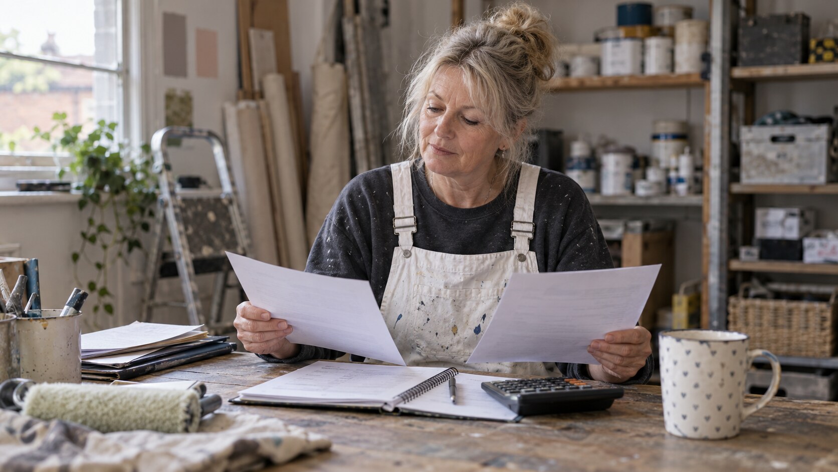 A decorator comparing insurance paperwork in her workshop