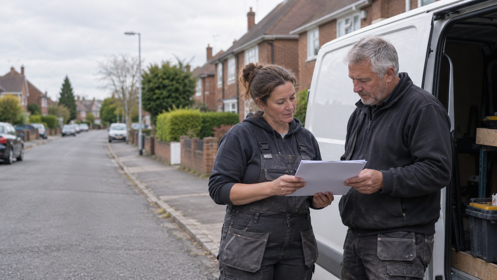 Two self-employed tradespeople checking job paperwork beside a work van