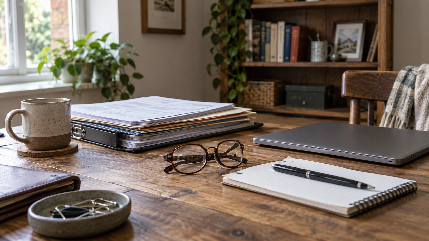 Business paperwork, reading glasses and a laptop on a wooden desk
