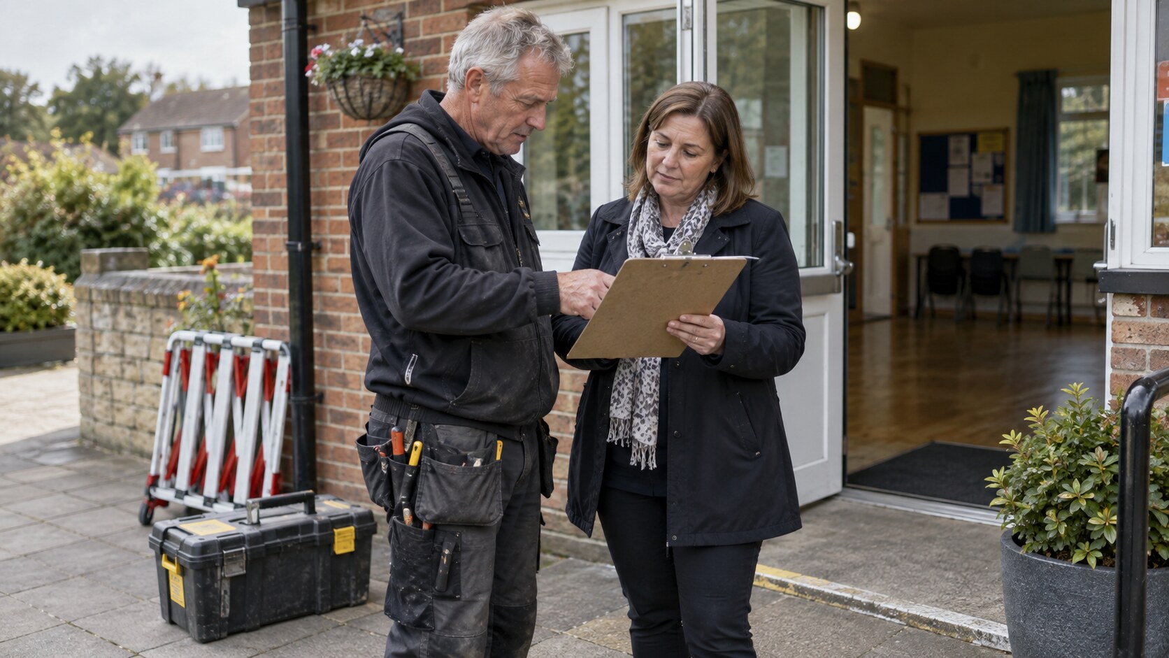 A tradesperson and site manager checking job details outside a community hall