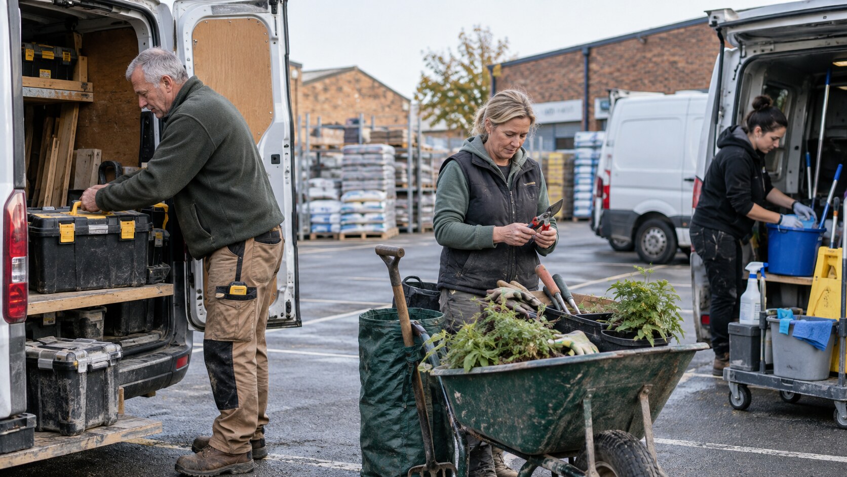 Independent tradespeople preparing their tools and equipment for work